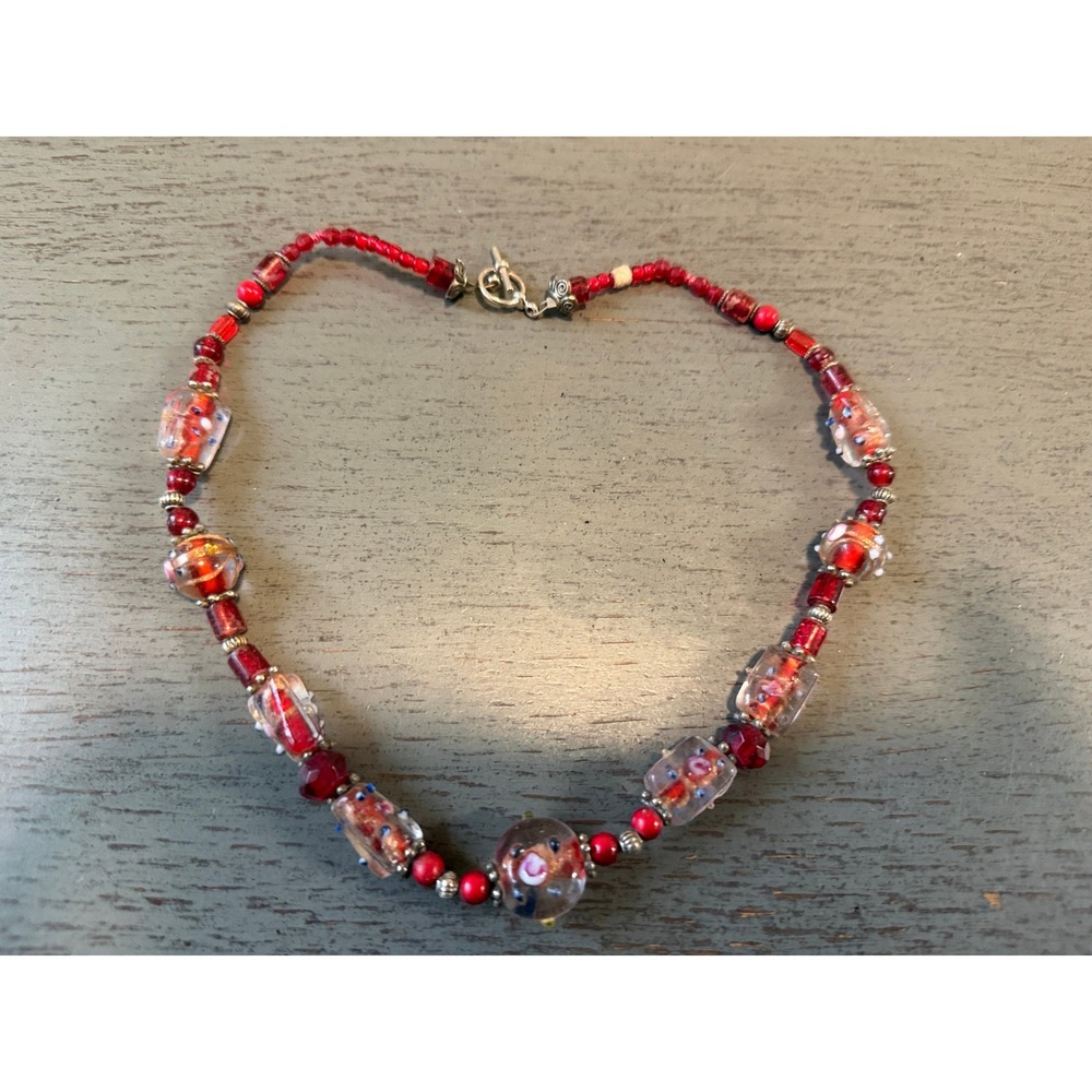 Red Art Glass Lampwork Bead Necklace Silver Tone Toggle Clasp Artisan Jewelry